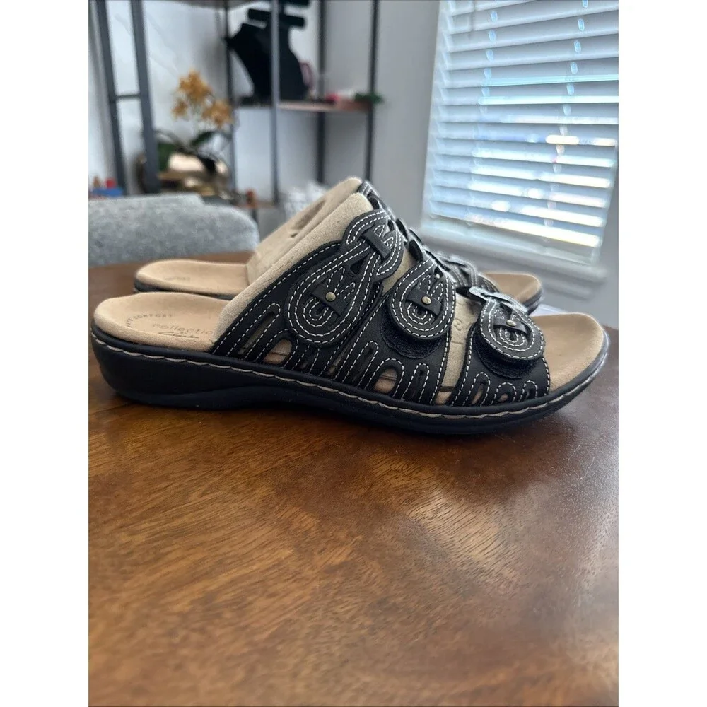 Clarks Leather Leisa Faye Sz 37.5 Adjustable Triple Strap Slip On Black Sandals